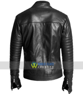 Double Zipper Men Black Biker Rib Quilted Leather Jacket