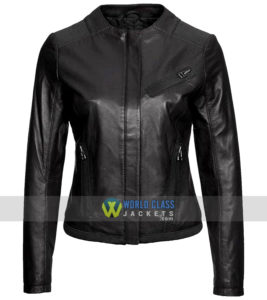 Womens Casual Wear Collarless Black Leather Jacket