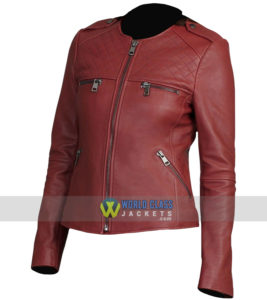 Women Maroon Leather Collarless Biker Slim Fit Jacket